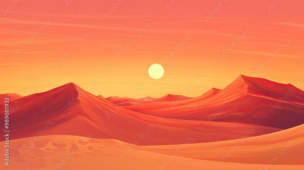 Fototapeta premium Expansive desert scene with orange and red dunes at sunset, vast space for text. No people, copy space