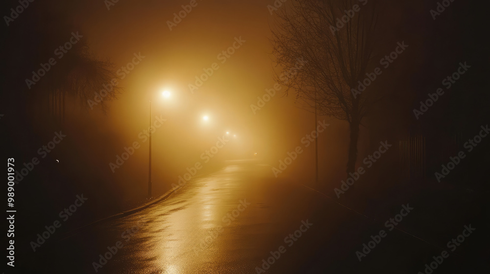 Obraz premium A street at night with fog and street lights