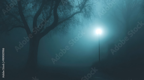 A tree is in the foreground of a dark forest