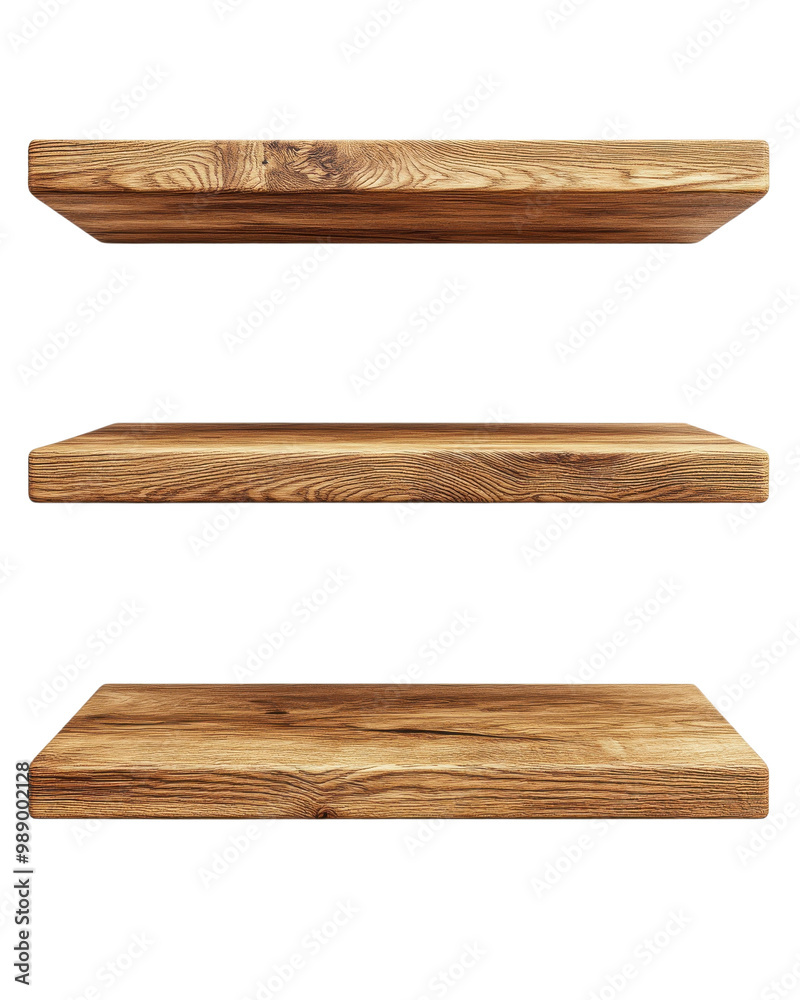Three wooden shelves, perfect for displaying items or decor, floating design, isolated on white background. Three wooden shelves, perfect for displaying items or decor, floating design, isolated on white background.