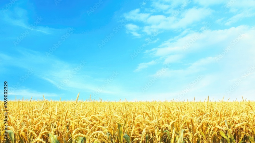 Naklejka premium Golden cornfield under a clear blue sky, with space for text or design elements