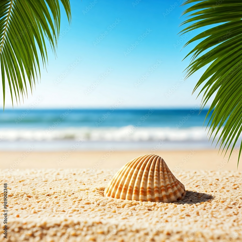 a serene beach scene with a seashell lying on the sand. Palm leaves frame the scene on either side, providing a sense of tropical paradise. a serene beach scene with a seashell lying on the sand. Palm leaves frame the scene on either side, providing a sense of tropical paradise.