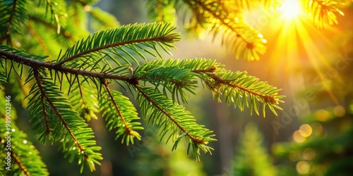 Close-up of spruce branches in a summer forest illuminated by the sun, showcasing nature's beauty and tranquility