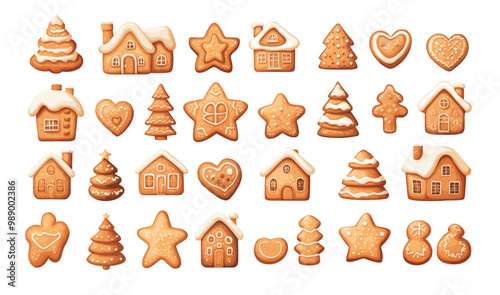 Gingerbread cookies cartoon vector set. Tiny house star tree heart christmas pastry xmas sugar powdered snap ginger delicious biscuits sweets, illustrations isolated on white background