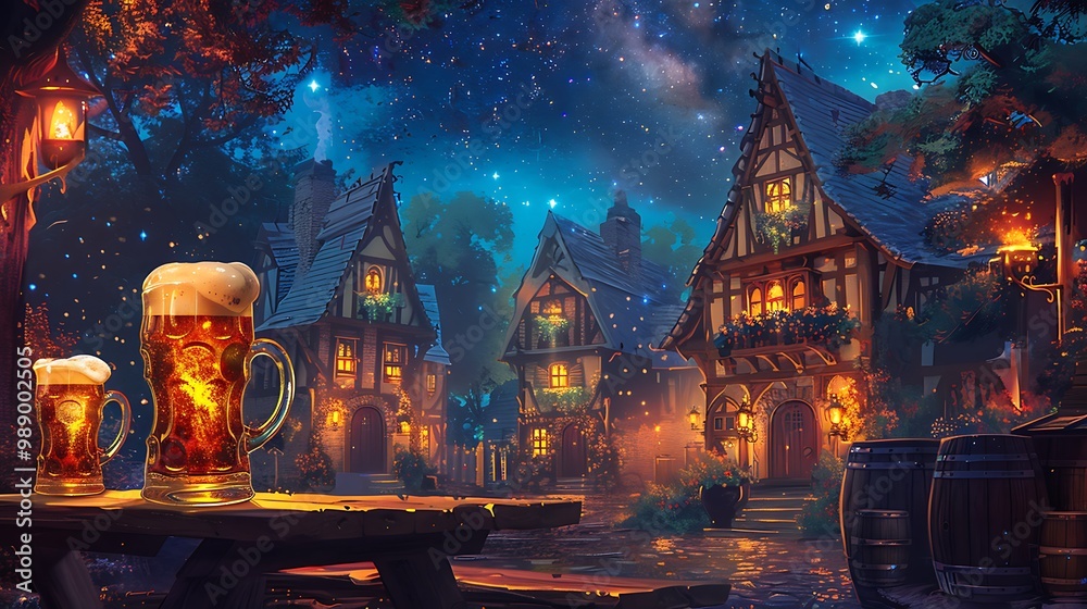 Enchanted Village with Beer Under Starry Sky Enchanted Village with Beer Under Starry Sky
