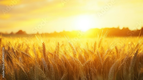 Golden wheat field at sunset, with the sun casting a warm glow, leaving space for copy or text