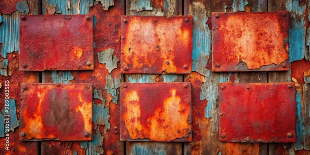 Rusty red metal plates with peeling paint on a weathered background Rusty red metal plates with peeling paint on a weathered background