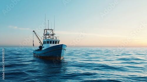 Overfishing impact, empty ocean with trawler, 3D illustration