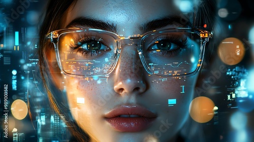 A woman wearing glasses gazes at a digital interface, symbolizing the fusion of human and technology.