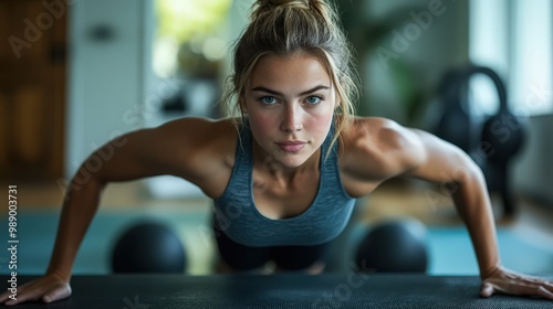 Young Woman Doing Push-Ups at Home Gym