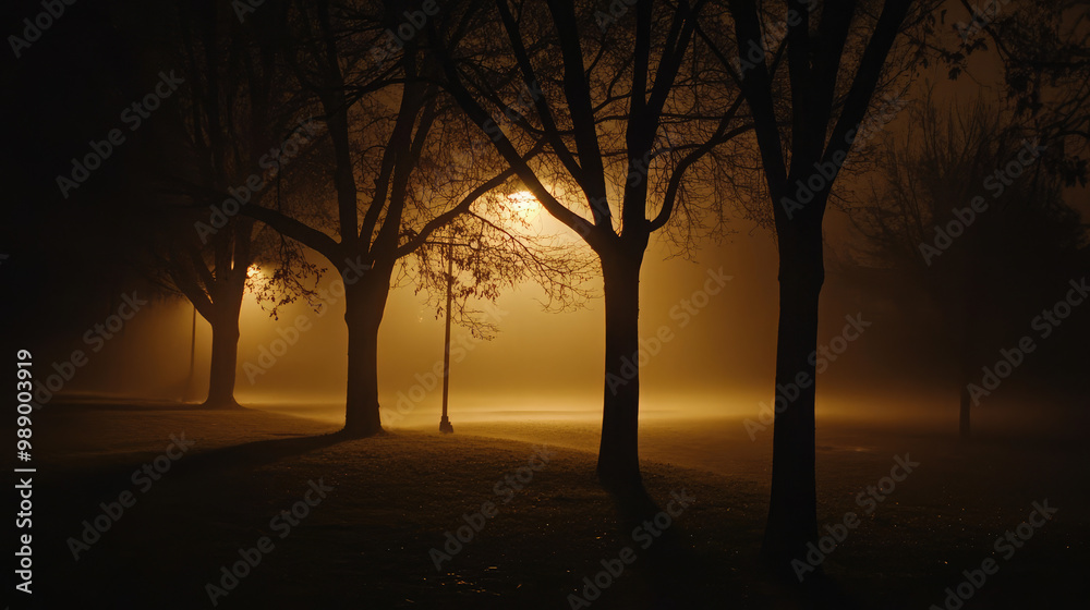 Fototapeta premium A dark park with trees and a street light