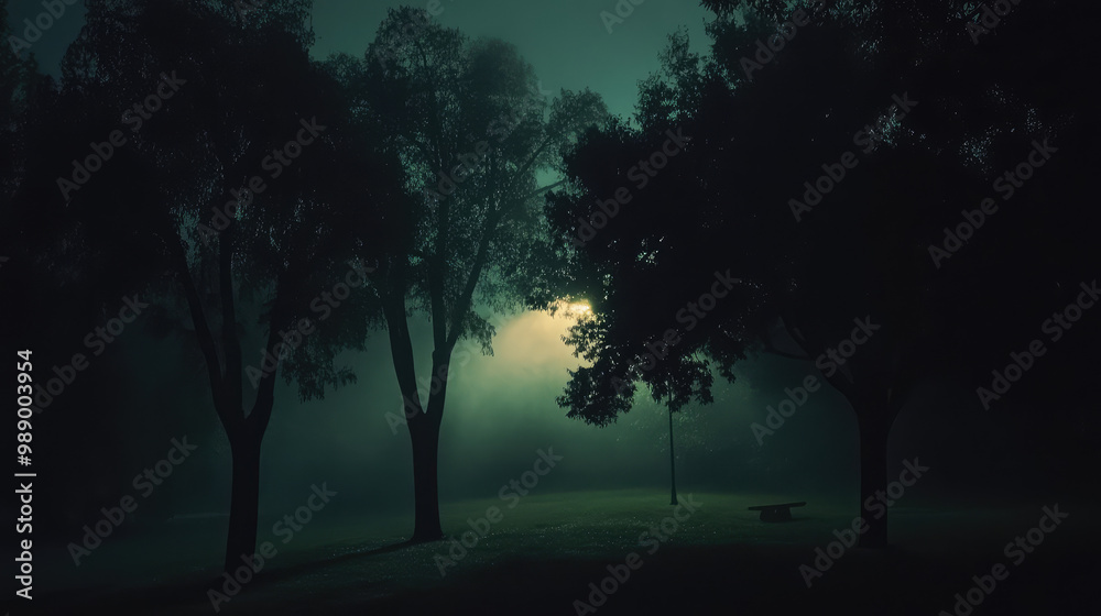 A park at night with trees and a bench A park at night with trees and a bench
