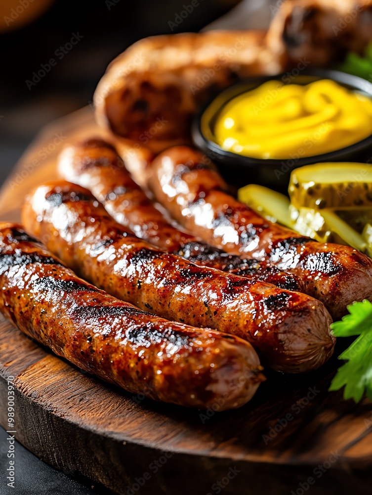 A vibrant platter of grilled sausages with mustard and pickles on the side, grilled sausages, pub food A vibrant platter of grilled sausages with mustard and pickles on the side, grilled sausages, pub food