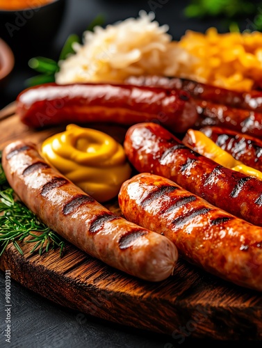 A variety of grilled sausages served with sauerkraut and mustard, grilled sausage platter, German barbecue