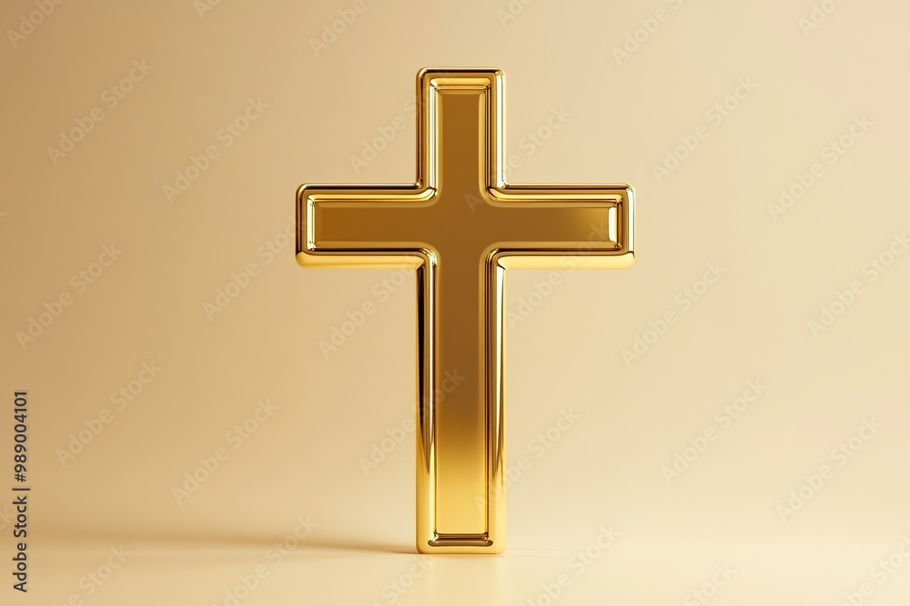 Golden cross on beige background with shadow and reflection Golden cross on beige background with shadow and reflection