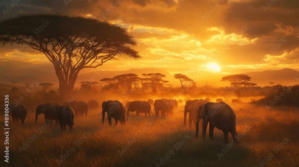 Fototapeta premium Elephants Grazing in African Savannah at Sunset