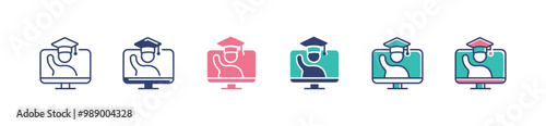 online education graduation icon set student wear graduate cap in virtual ceremony graduation academy success people vector illustration for web and app