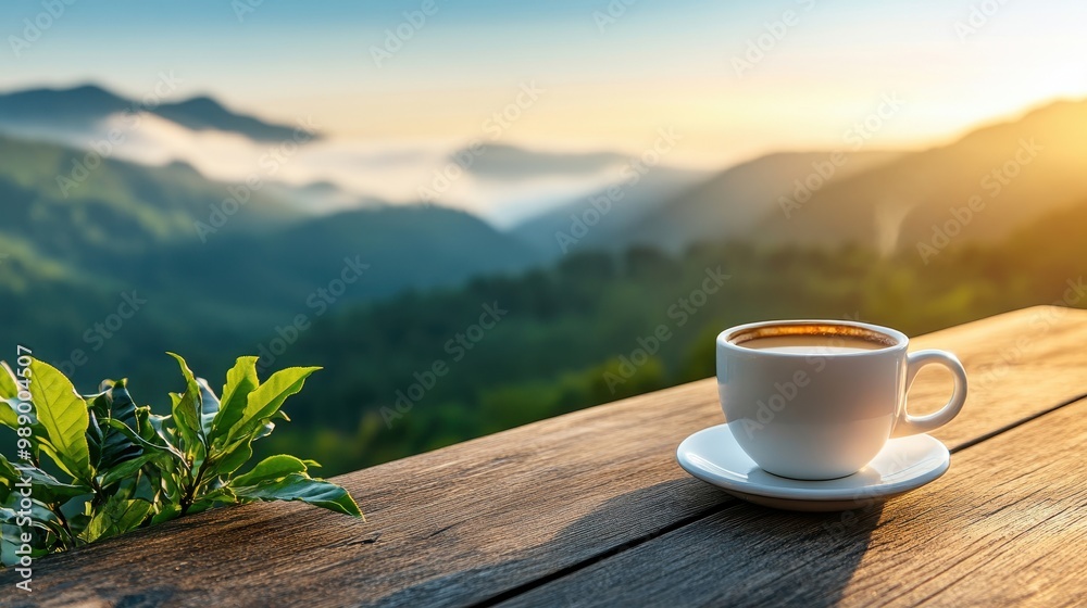 Coffee cup on a wooden bench overlooking a scenic mountain view, early morning mist Coffee cup on a wooden bench overlooking a scenic mountain view, early morning mist
