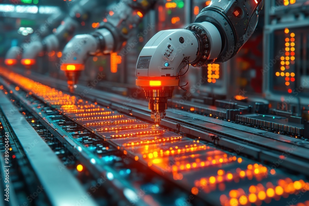 Fototapeta premium Automated Assembly Line with Robotic Arms