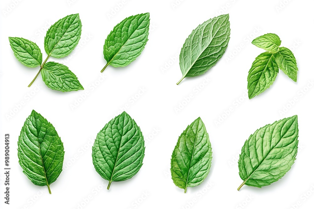 Isolated mint leaves set on a white backdrop. Generative Ai Isolated mint leaves set on a white backdrop. Generative Ai