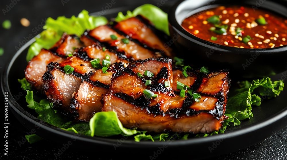 Grilled pork belly slices served with lettuce wraps and spicy dipping sauce, grilled pork belly, Korean barbecue Grilled pork belly slices served with lettuce wraps and spicy dipping sauce, grilled pork belly, Korean barbecue
