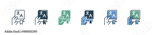 hand holding language translate book icon set online global international translation dictionary service vector illustration for web and app