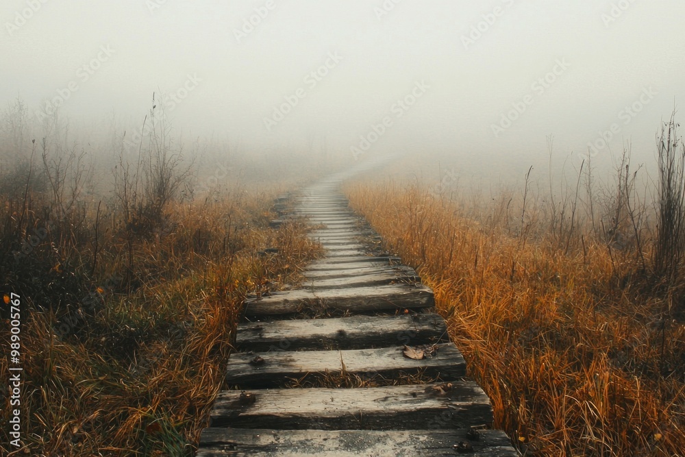 Obraz premium A worn-out path leading through a dense fog, representing a journey through uncertainty or confusion 