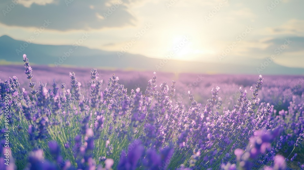 Fototapeta premium Sun-kissed lavender field in bloom, offering space for copy or design elements