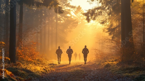 Runners in a Golden Forest at Sunrise