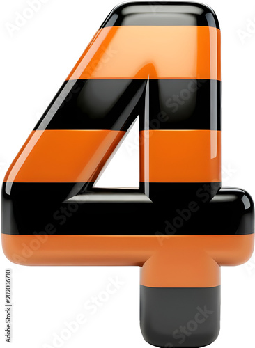 Glossy 3D Number 4 with Orange and Black Stripes