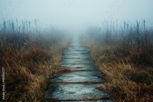 A worn-out path leading through a dense fog, representing a journey through uncertainty or confusion 