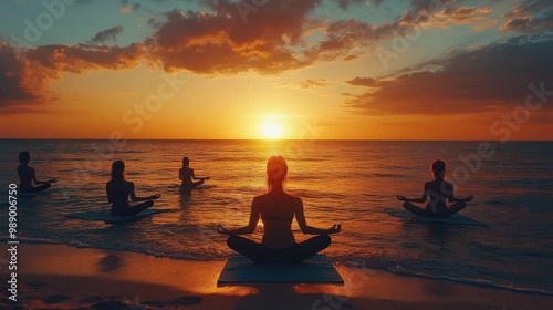Serene Beach Yoga at Sunset Over Calm Ocean Waves