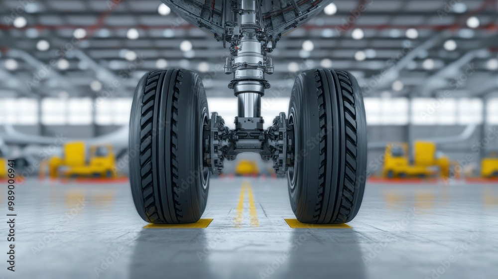 Airplane landing gear with two tires on a smooth floor in a hangar. Airplane landing gear with two tires on a smooth floor in a hangar.