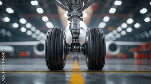 Airplane landing gear on runway in well-lit hangar with blurred background. photo