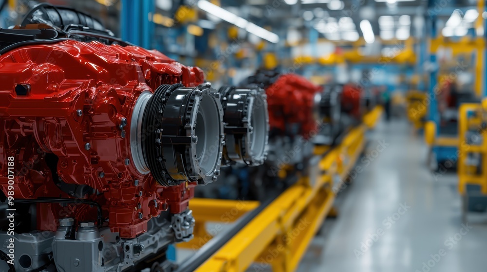 Fototapeta premium Close-up of red engine components in an automotive factory setting.
