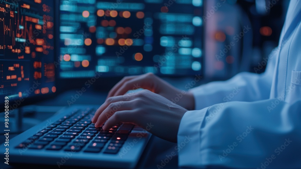 Hands typing on a keyboard in a tech lab environment, blue illuminated display. Hands typing on a keyboard in a tech lab environment, blue illuminated display.