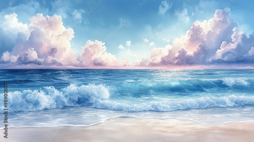 Fototapeta dreamy watercolor seascape with pastel hues soft blending of sky and ocean gentle waves serene beach scene calming atmosphere impressionistic style evocative of relaxation