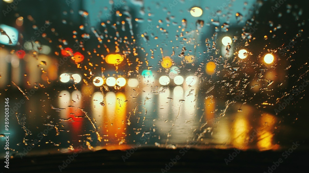 Raindrops hitting a car windshield as seen from inside, with blurred city lights in the background. Raindrops hitting a car windshield as seen from inside, with blurred city lights in the background.
