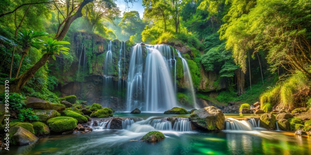 Jungle Waterfall with Lush Greenery, Long Exposure, Tranquil Water, Nature, Waterfall, Landscape, Jungle, Green Jungle Waterfall with Lush Greenery, Long Exposure, Tranquil Water, Nature, Waterfall, Landscape, Jungle, Green