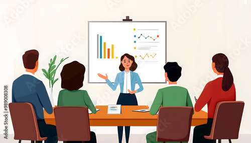 A diverse group of businesspeople engaged in a meeting in a modern office, collaborating and discussing ideas, with a businesswoman presenting to her team in the conference room, illustration style.