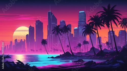Synthwave style landscape with sea beach and silhouette modern metropolis in the background