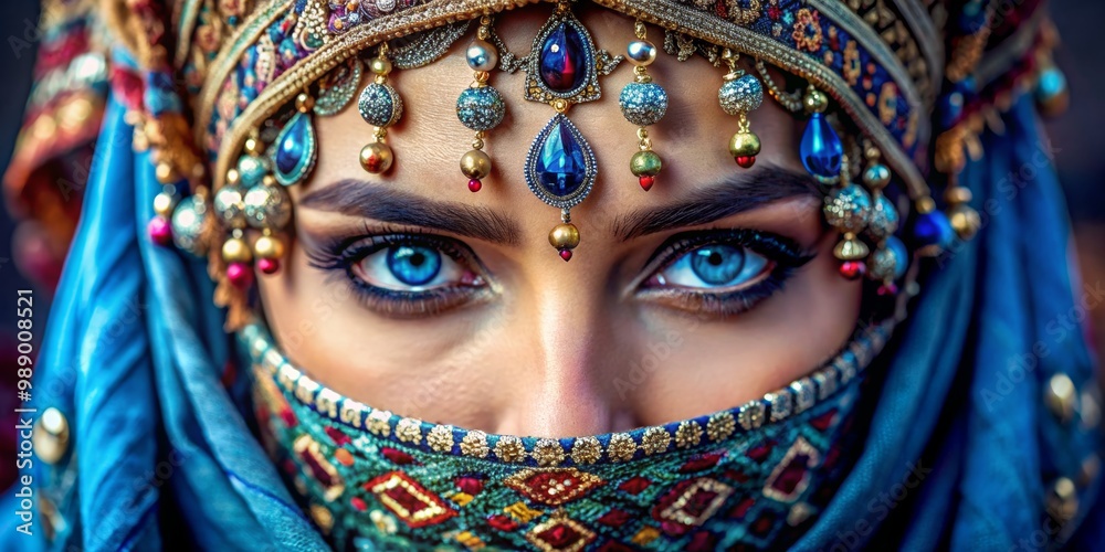 Mysterious Gaze Through a Veil of Jewels, portrait, woman, blue, jewelry Mysterious Gaze Through a Veil of Jewels, portrait, woman, blue, jewelry