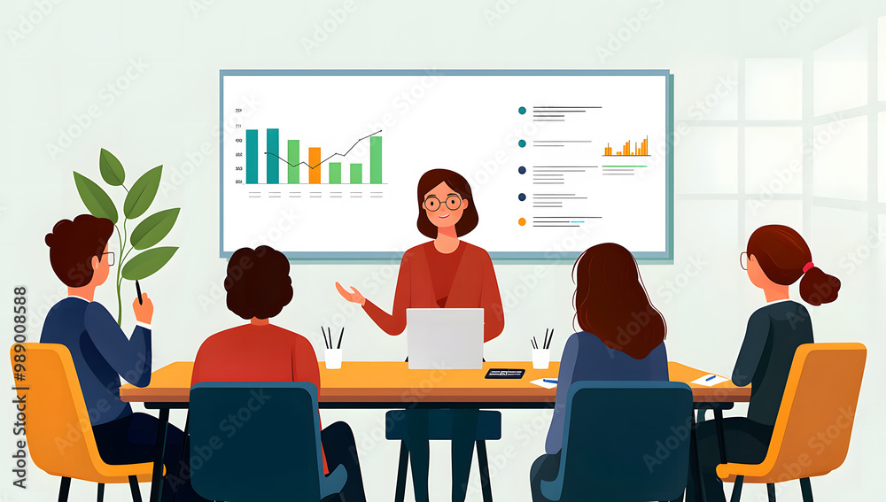 © Emmy Ljs - Businesswoman leading a team meeting in modern office to discuss project plan and present with infographic, illustration style.Corporate meeting concept. © Emmy Ljs - Businesswoman leading a team meeting in modern office to discuss project plan and present with infographic, illustration style.Corporate meeting concept.