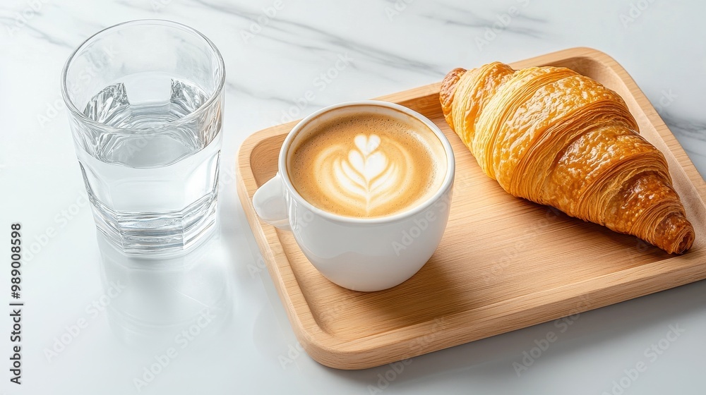 Hand-crafted wooden coffee tray with espresso, water, and a croissant, placed on a marble countertop Hand-crafted wooden coffee tray with espresso, water, and a croissant, placed on a marble countertop