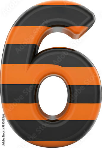 Glossy 3D Number 6 with Orange and Black Stripes