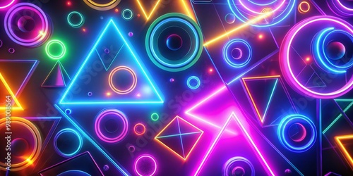 Wallpaper Mural Neon Geometric Shapes Abstract Background, 3D Render, Abstract Art, Digital Art, Neon Light Torontodigital.ca