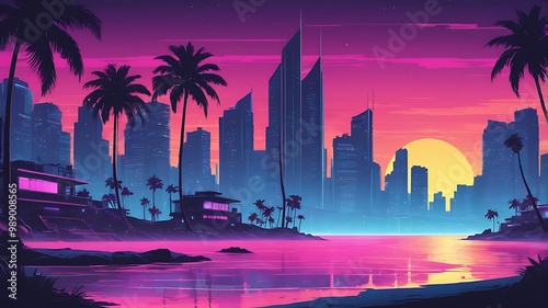 Synthwave style landscape with sea beach and silhouette modern metropolis in the background
