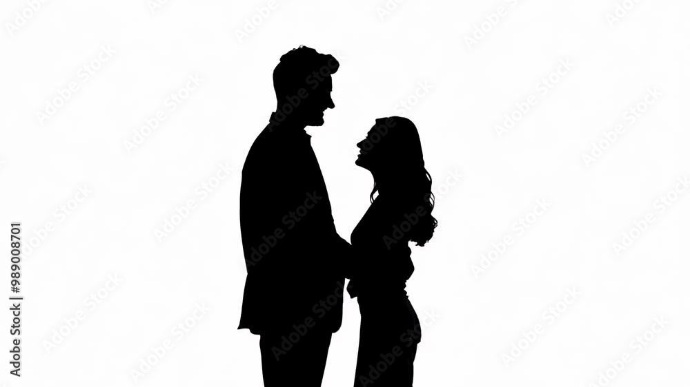 Silhouette of a couple standing together, facing each other and smiling Silhouette of a couple standing together, facing each other and smiling