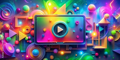 Play Button in a World of 3D Shapes and Glowing Colors, 3D Rendering, Abstract Art, Colorful, Playful, Geometric