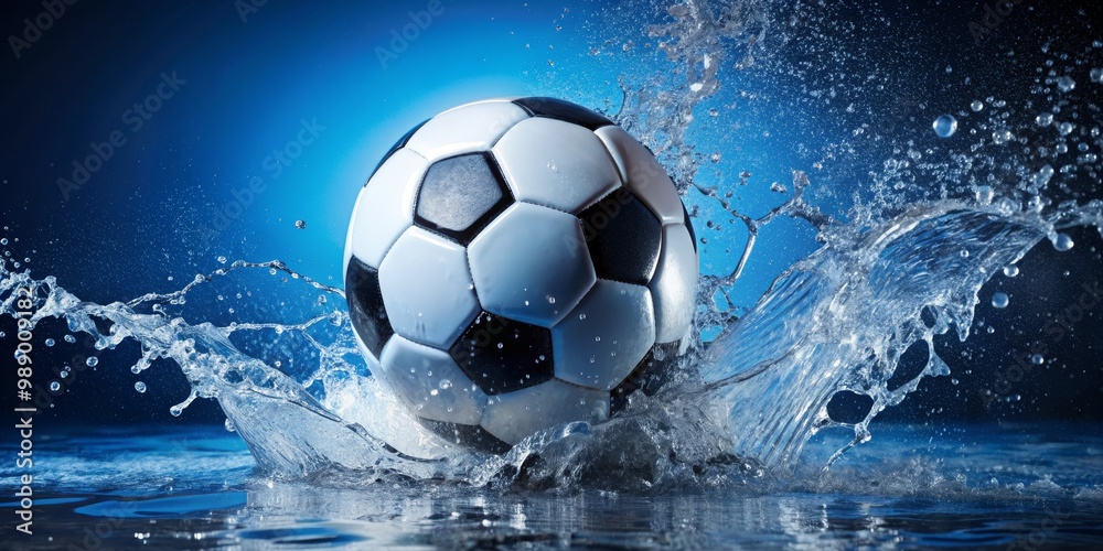 Naklejka premium Soccer Ball Splashing into Water, Blue Background, Water Splash, Soccer, Football, Sports, , , ,